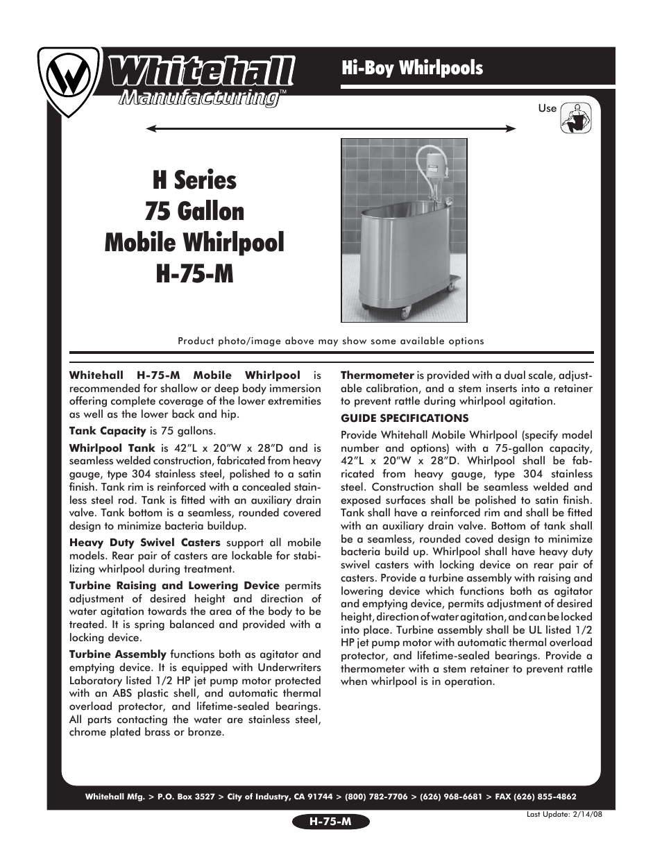 Whitehall Manufacturing H-75-M User Manual | 2 pages