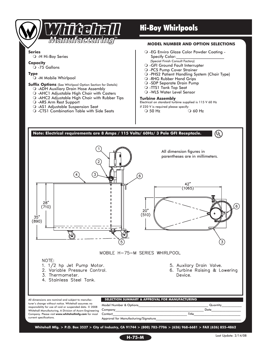 Hi-boy whirlpools | Whitehall Manufacturing H-75-M User Manual | Page 2 / 2