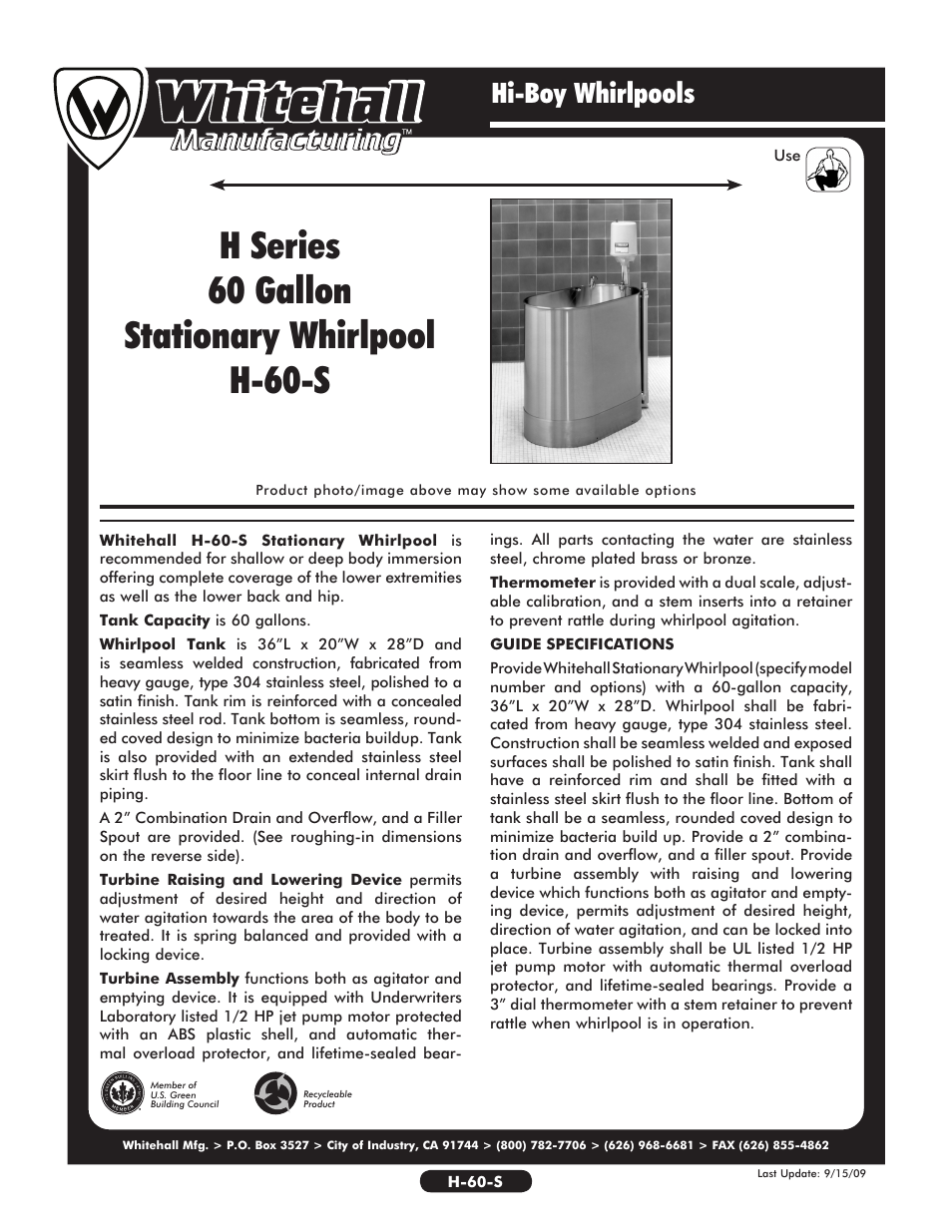 Whitehall Manufacturing H-60-S User Manual | 2 pages