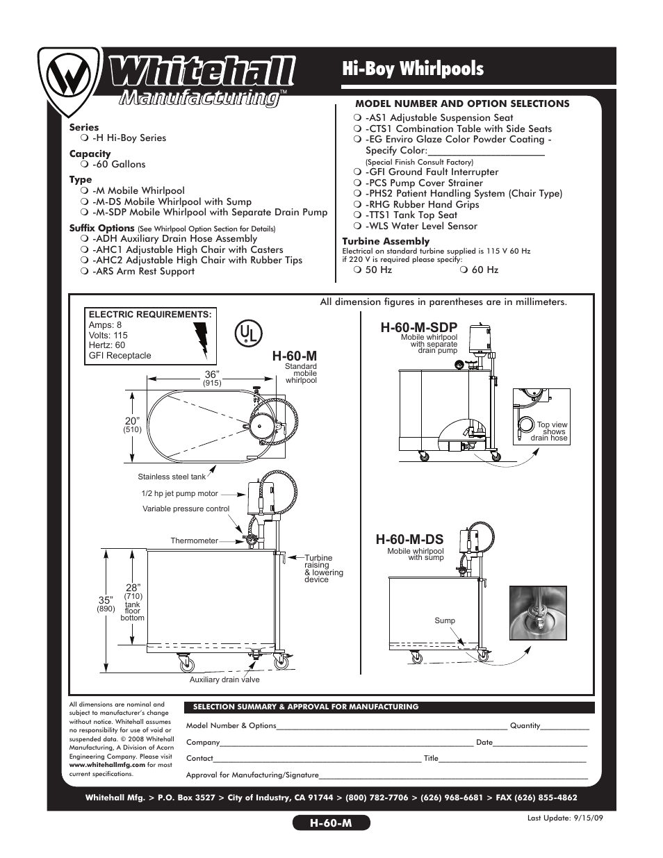 Hi-boy whirlpools, H-60-m h-60-m-sdp, H-60-m-ds | Whitehall Manufacturing H-60-M User Manual | Page 2 / 2