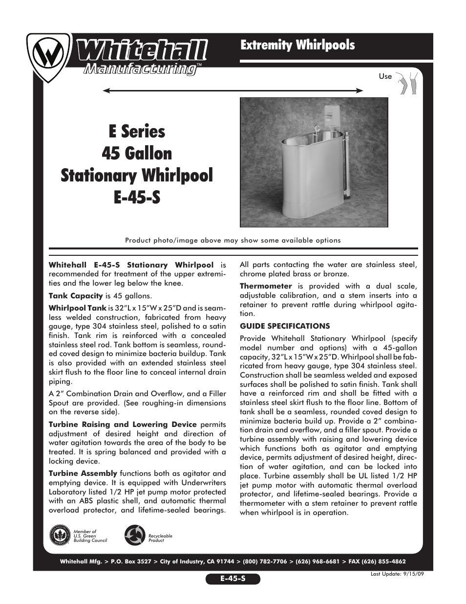 Whitehall Manufacturing E-45-S User Manual | 2 pages