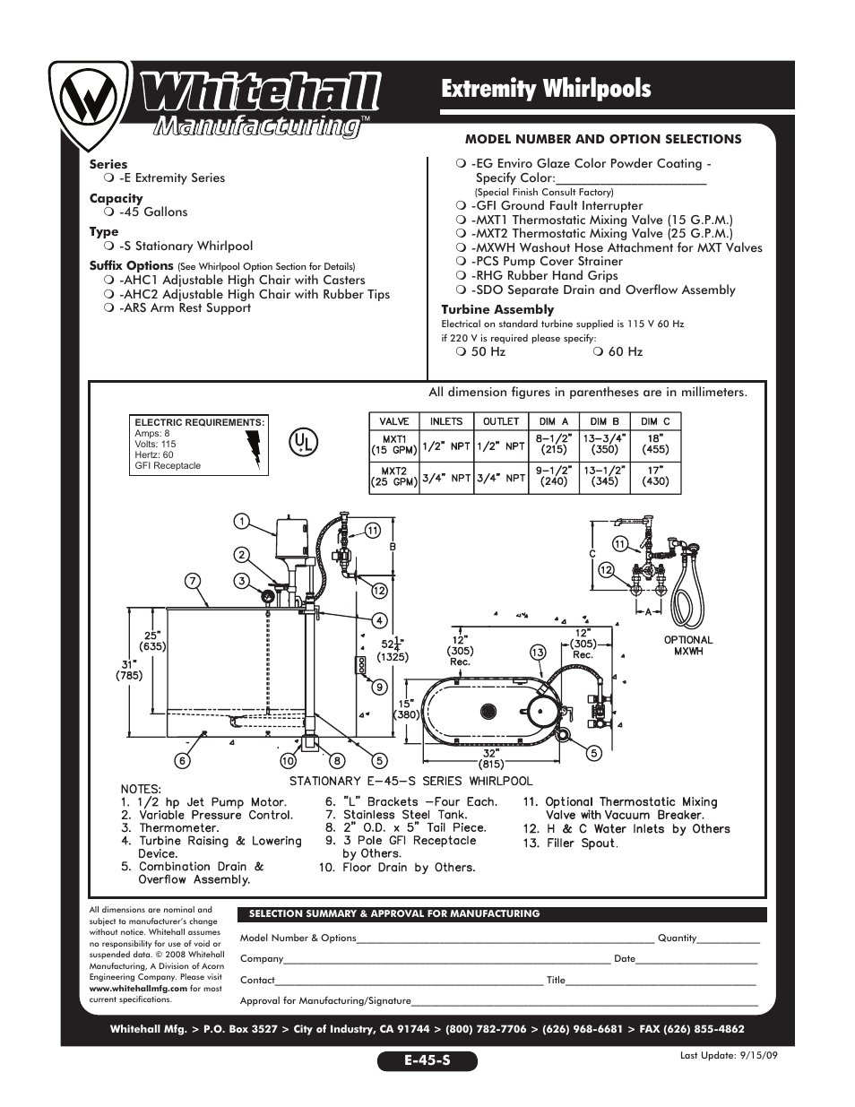 Extremity whirlpools | Whitehall Manufacturing E-45-S User Manual | Page 2 / 2
