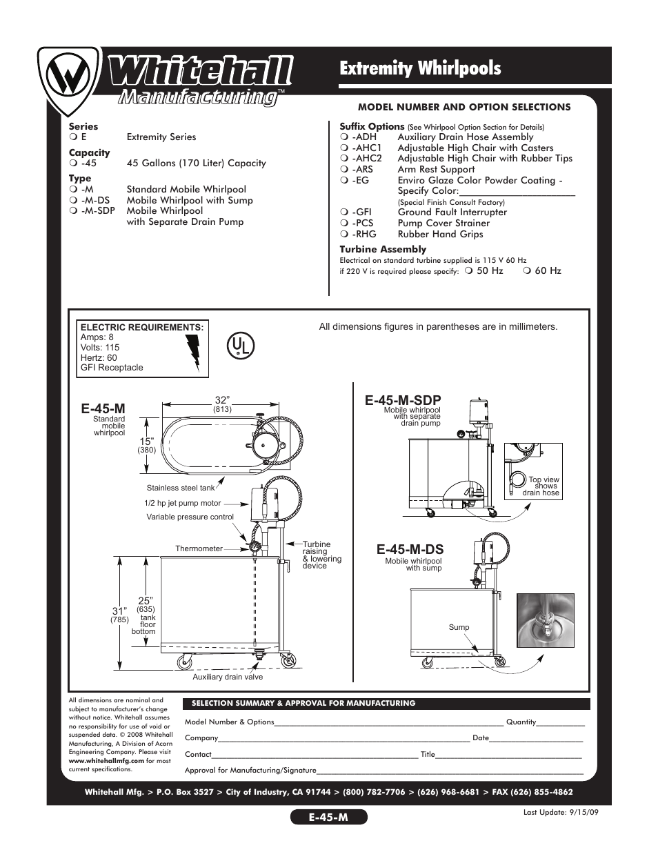 Extremity whirlpools, E-45-m e-45-m-sdp, E-45-m-ds | Whitehall Manufacturing E-45-M User Manual | Page 2 / 2