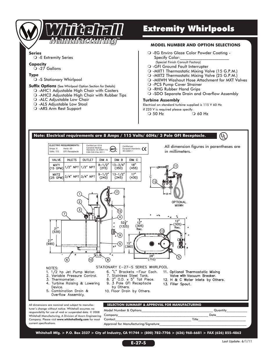 Extremity whirlpools | Whitehall Manufacturing E-27-S User Manual | Page 2 / 2