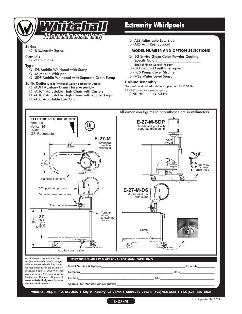 Extremity whirlpools, E-27-m, E-27-m-sdp | E-27-m-ds | Whitehall Manufacturing E-27-M User Manual | Page 2 / 2