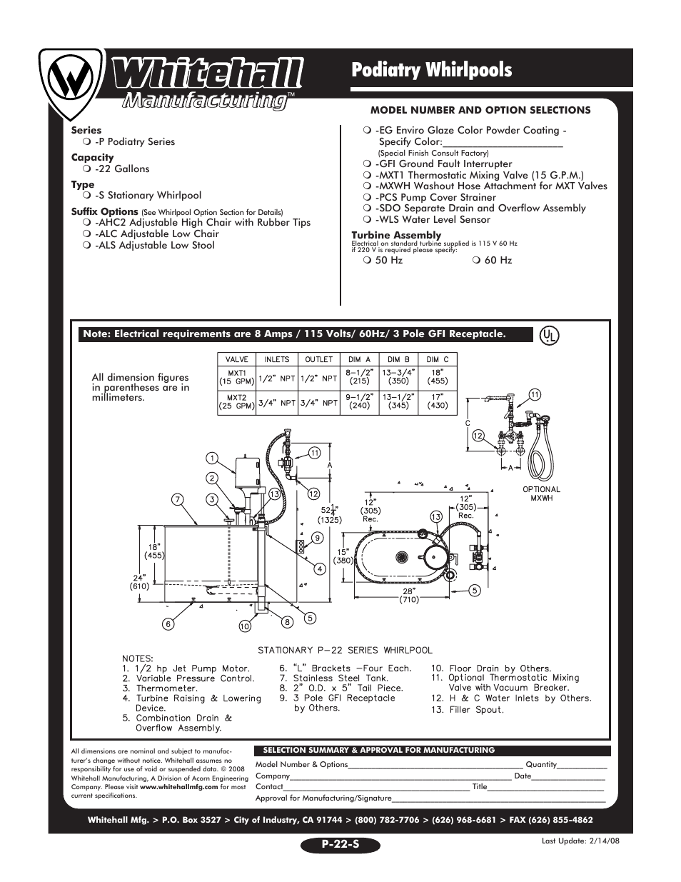 Podiatry whirlpools | Whitehall Manufacturing P-22-S User Manual | Page 2 / 2