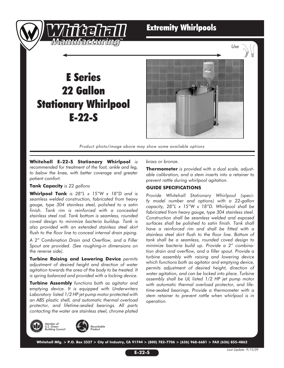 Whitehall Manufacturing E-22-S User Manual | 2 pages