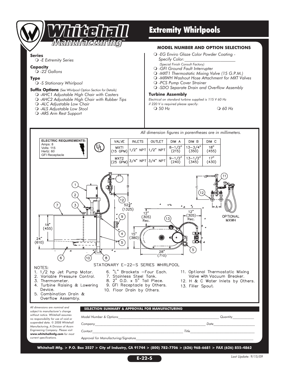 Extremity whirlpools | Whitehall Manufacturing E-22-S User Manual | Page 2 / 2