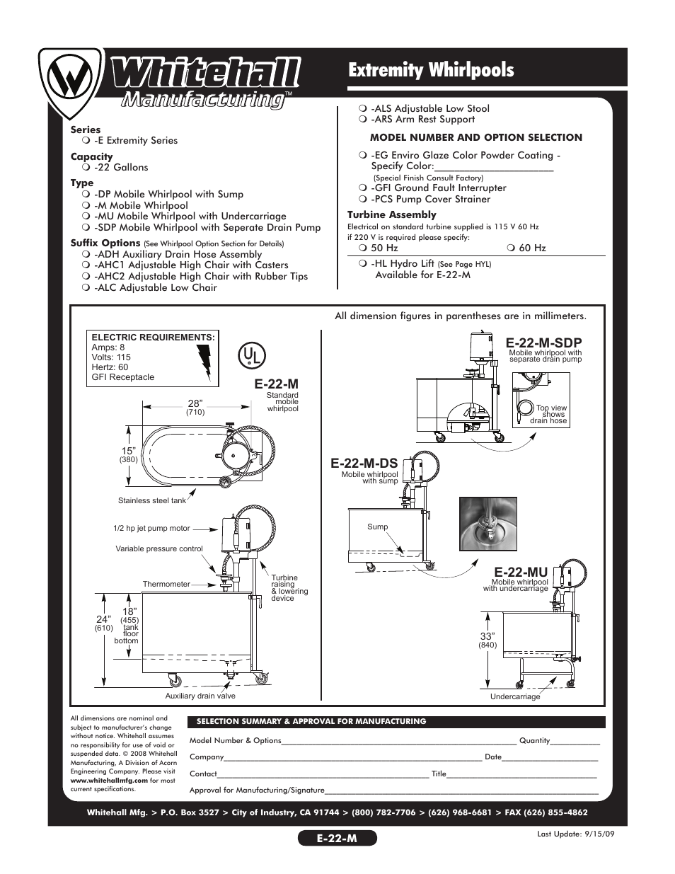 Extremity whirlpools, E-22-m, E-22-mu | E-22-m-ds e-22-m-sdp | Whitehall Manufacturing E-22-MU User Manual | Page 2 / 2
