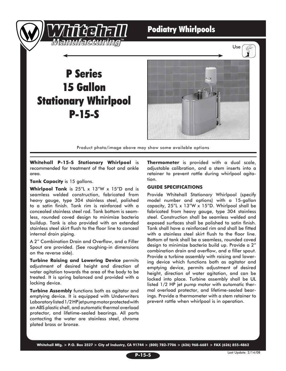 Whitehall Manufacturing P-15-S User Manual | 2 pages