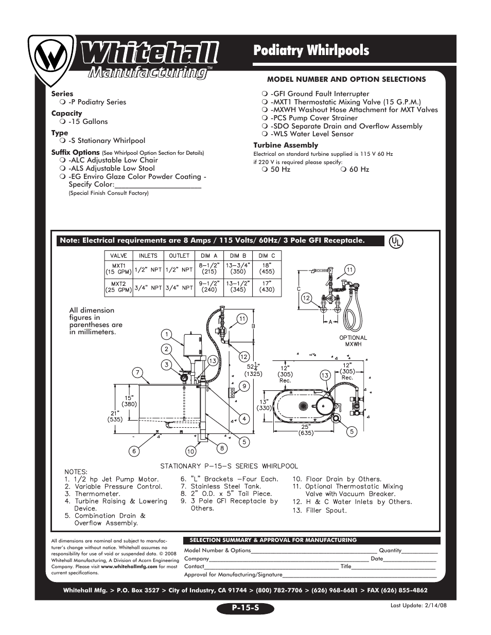 Podiatry whirlpools | Whitehall Manufacturing P-15-S User Manual | Page 2 / 2