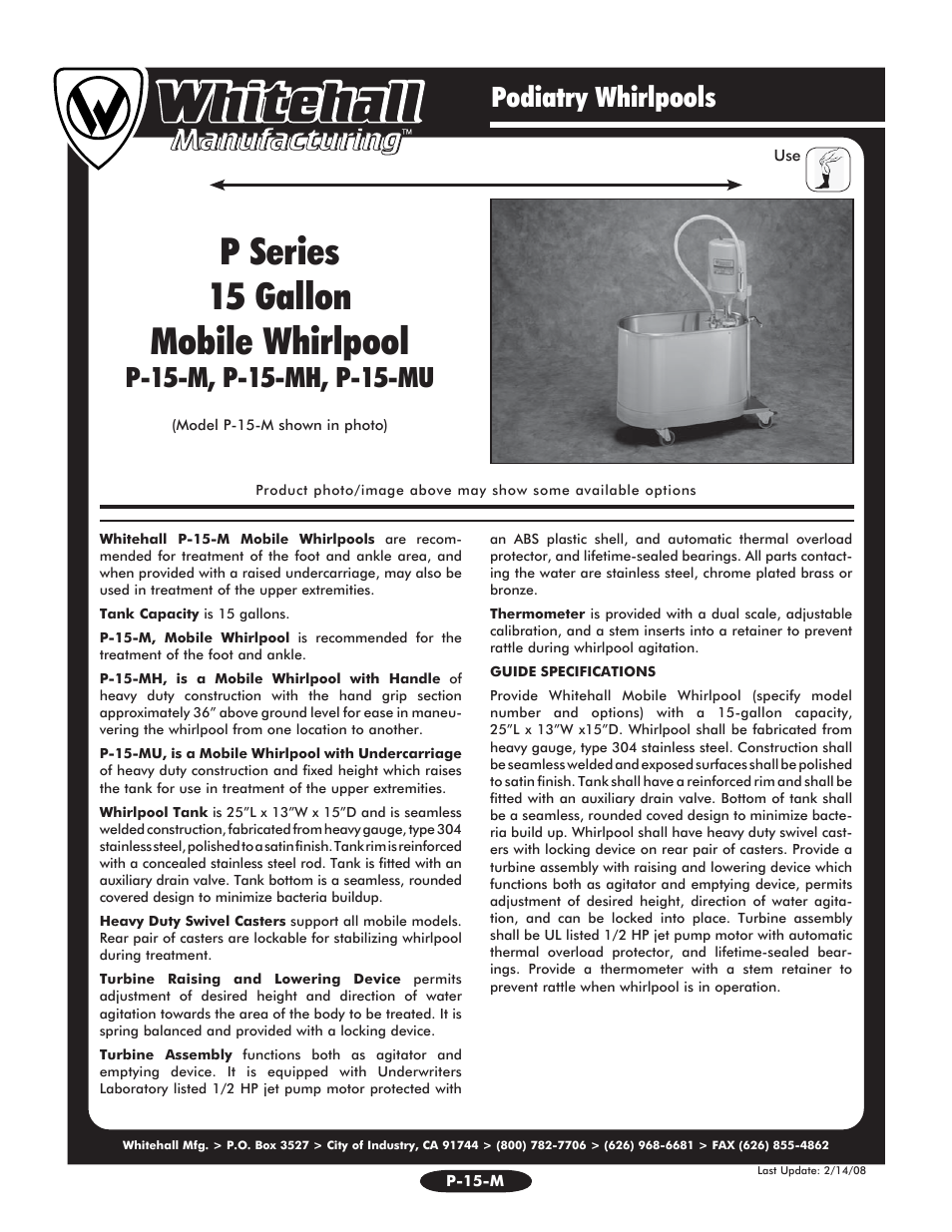 Whitehall Manufacturing P-15-MU User Manual | 2 pages