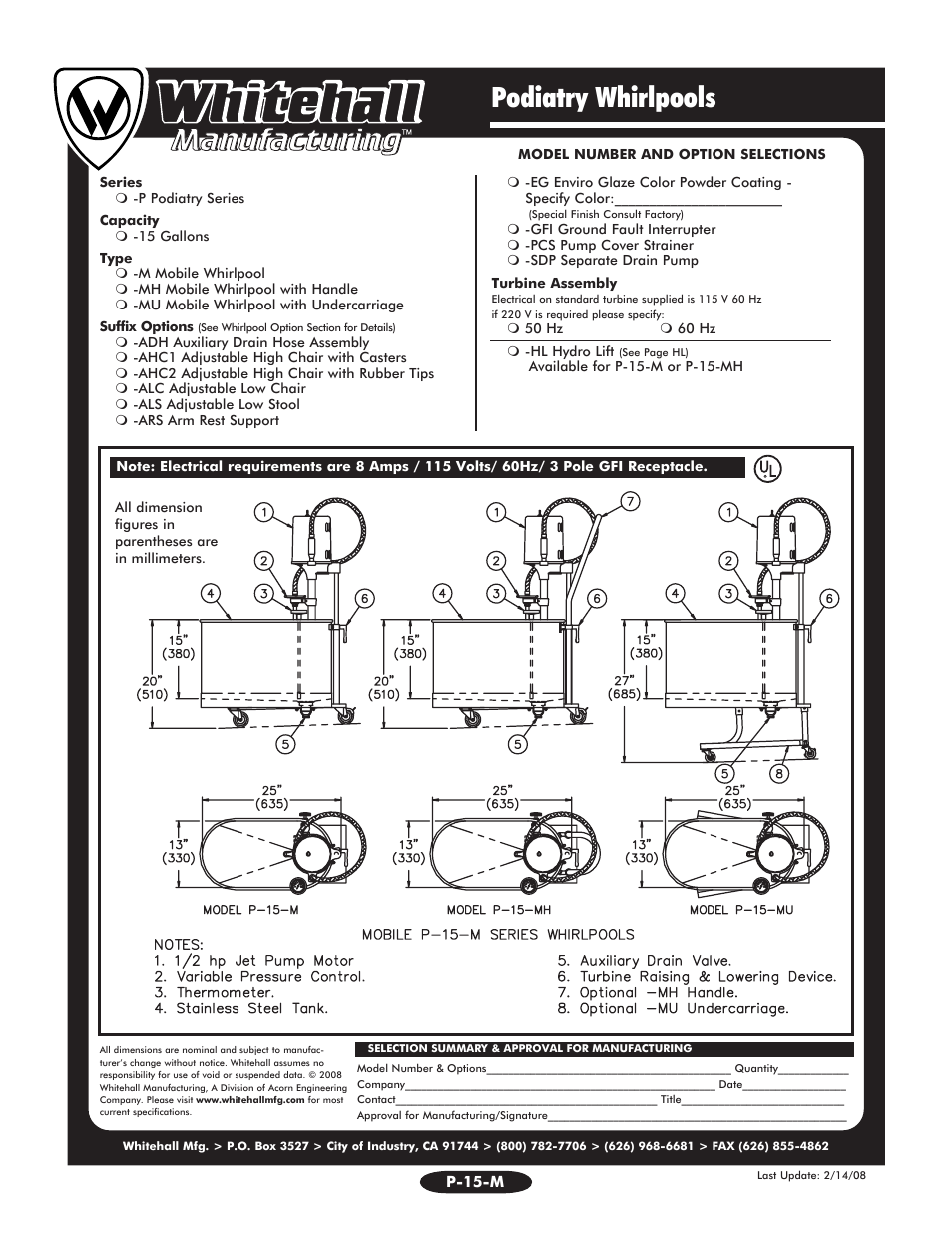 Podiatry whirlpools | Whitehall Manufacturing P-15-MU User Manual | Page 2 / 2