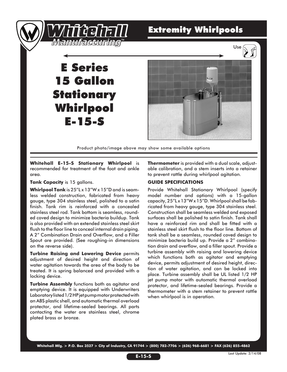 Whitehall Manufacturing E-15-S User Manual | 2 pages