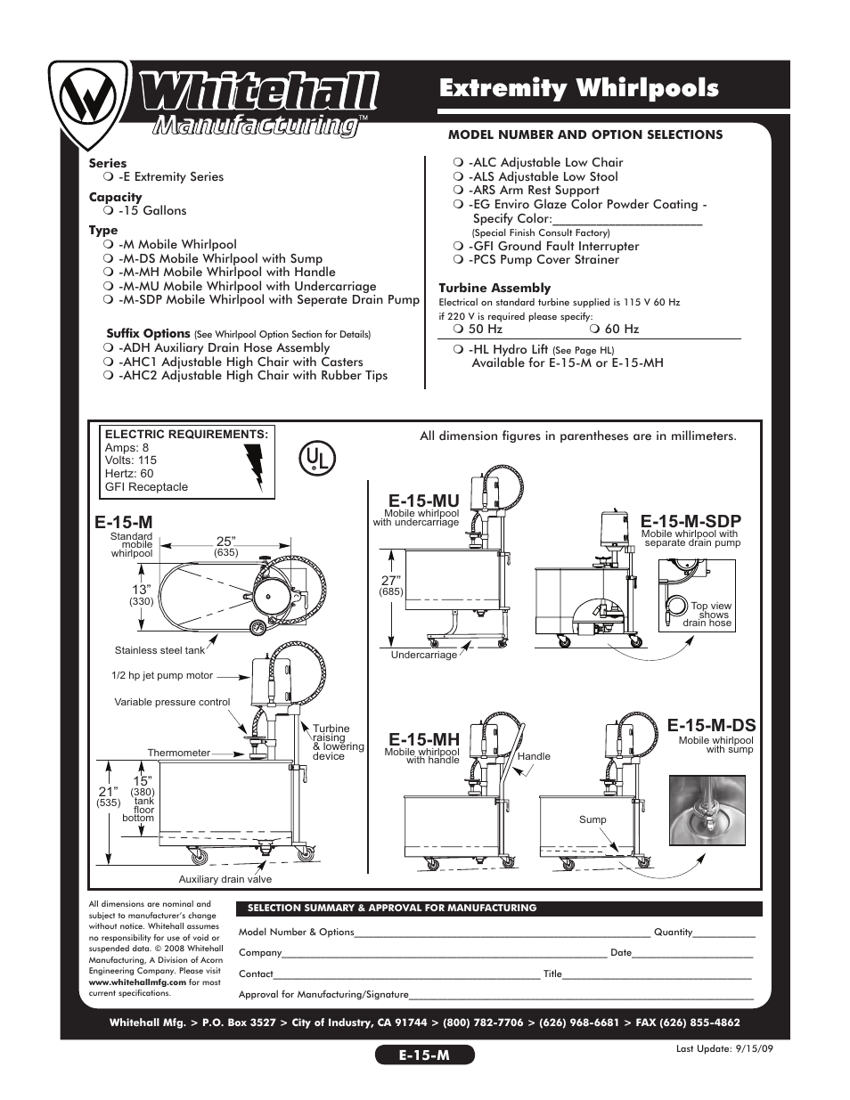 Extremity whirlpools, E-15-m e-15-m-sdp, E-15-mu | E-15-mh, E-15-m-ds | Whitehall Manufacturing E-15-MU User Manual | Page 2 / 2