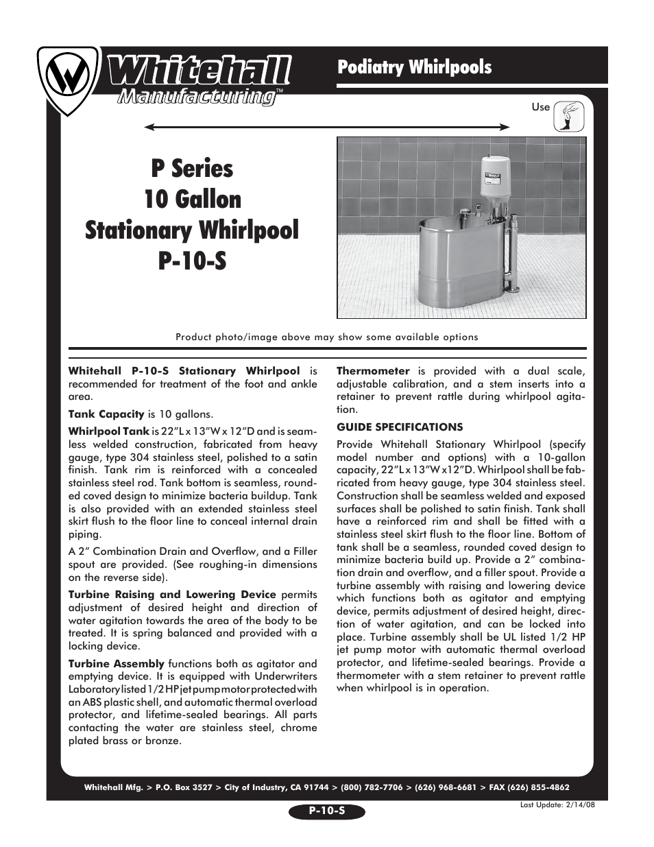 Whitehall Manufacturing P-10-S User Manual | 2 pages