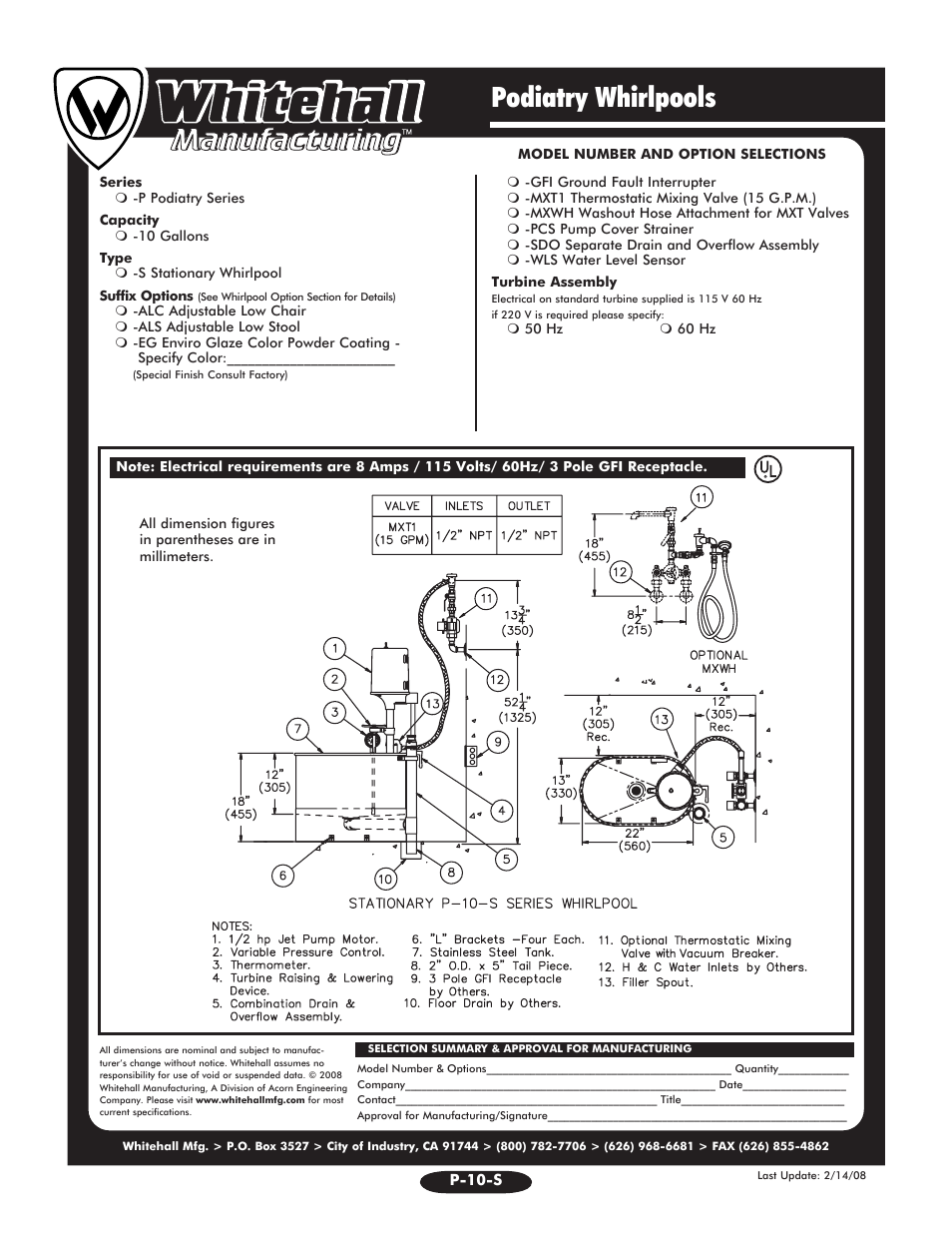 Podiatry whirlpools | Whitehall Manufacturing P-10-S User Manual | Page 2 / 2