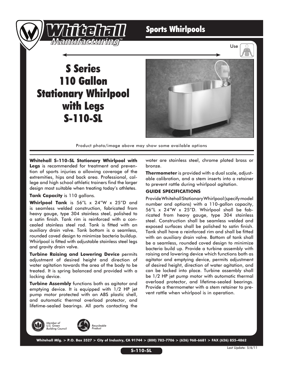 Whitehall Manufacturing S-110-SL User Manual | 2 pages