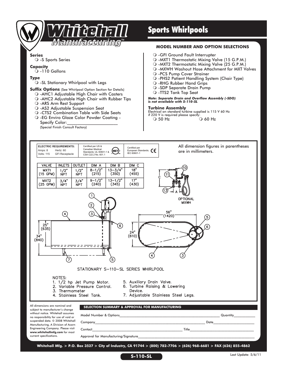 Sports whirlpools | Whitehall Manufacturing S-110-SL User Manual | Page 2 / 2