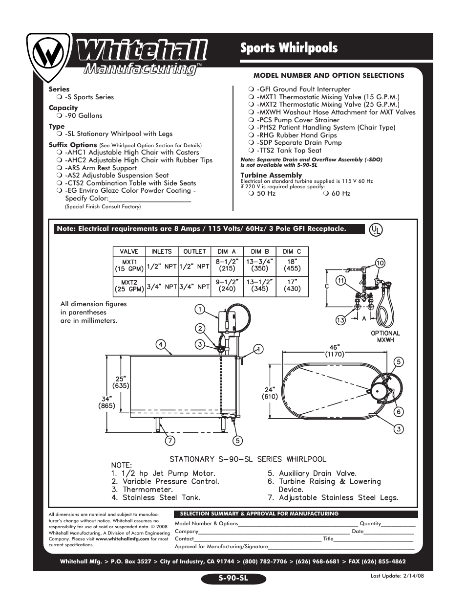 Sports whirlpools | Whitehall Manufacturing S-90-SL User Manual | Page 2 / 2