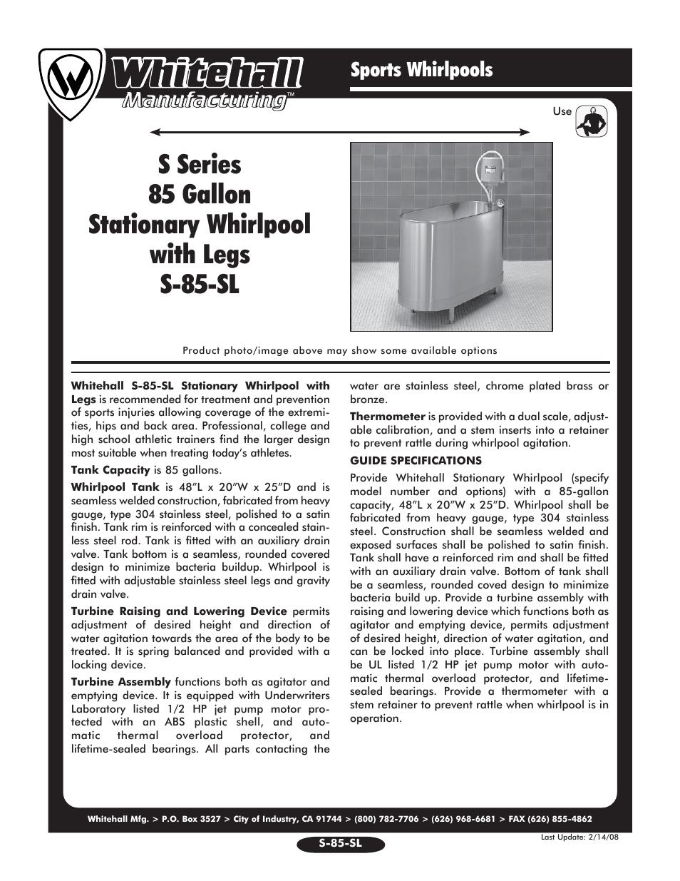 Whitehall Manufacturing S-85-SL User Manual | 2 pages