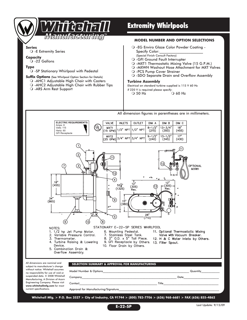 Extremity whirlpools | Whitehall Manufacturing E-22-SP User Manual | Page 2 / 2