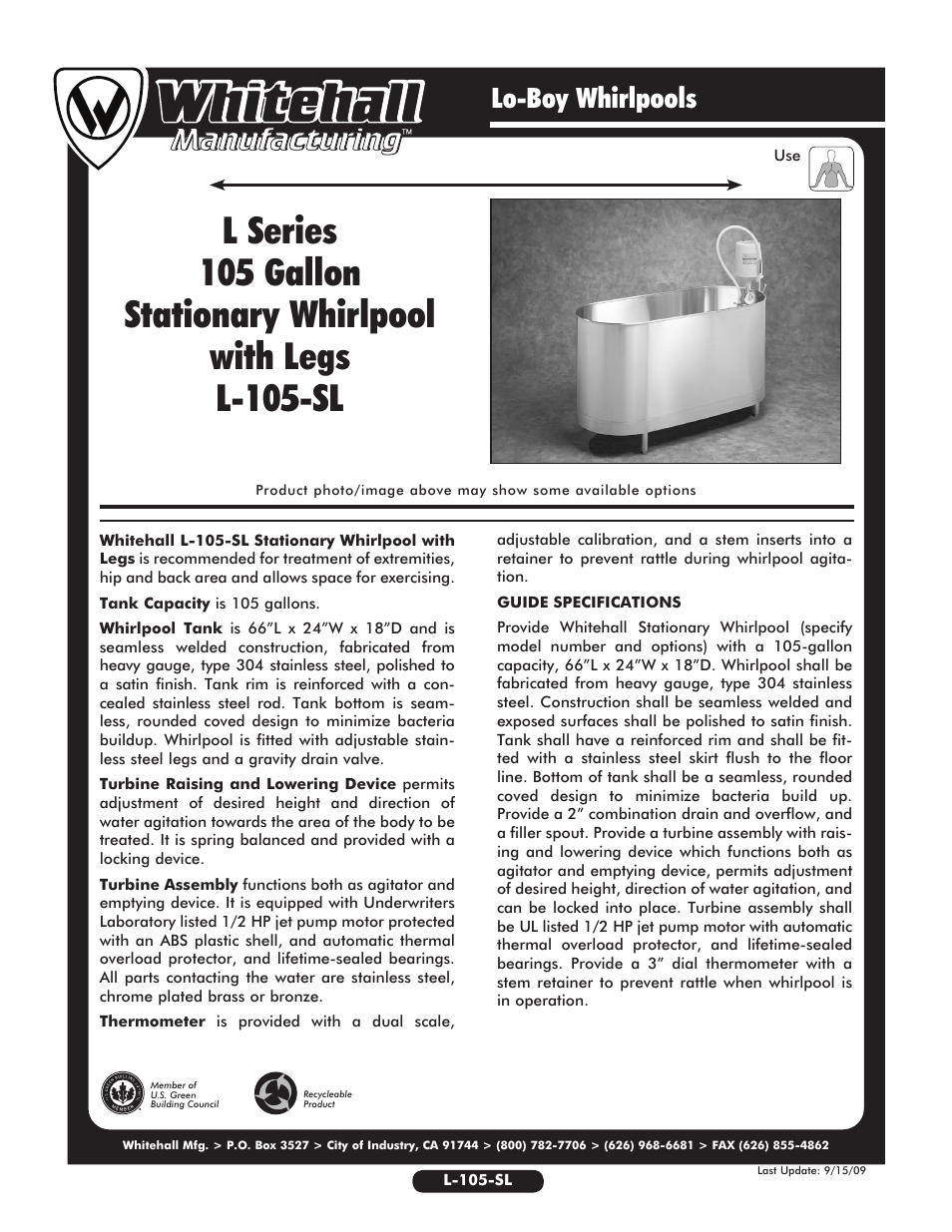 Whitehall Manufacturing L-105-SL User Manual | 2 pages