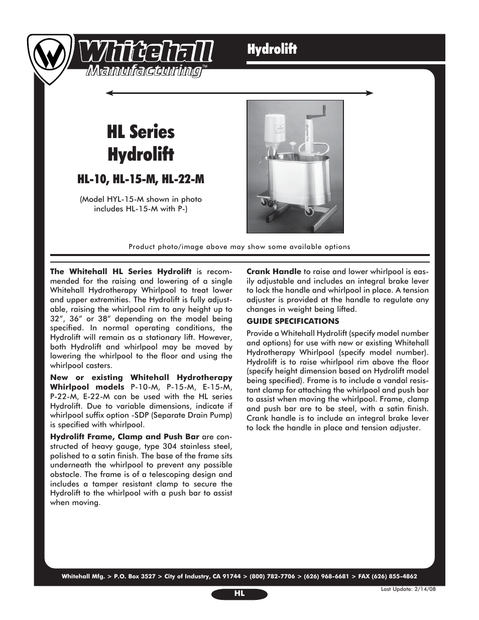 Whitehall Manufacturing HL-22-M User Manual | 2 pages