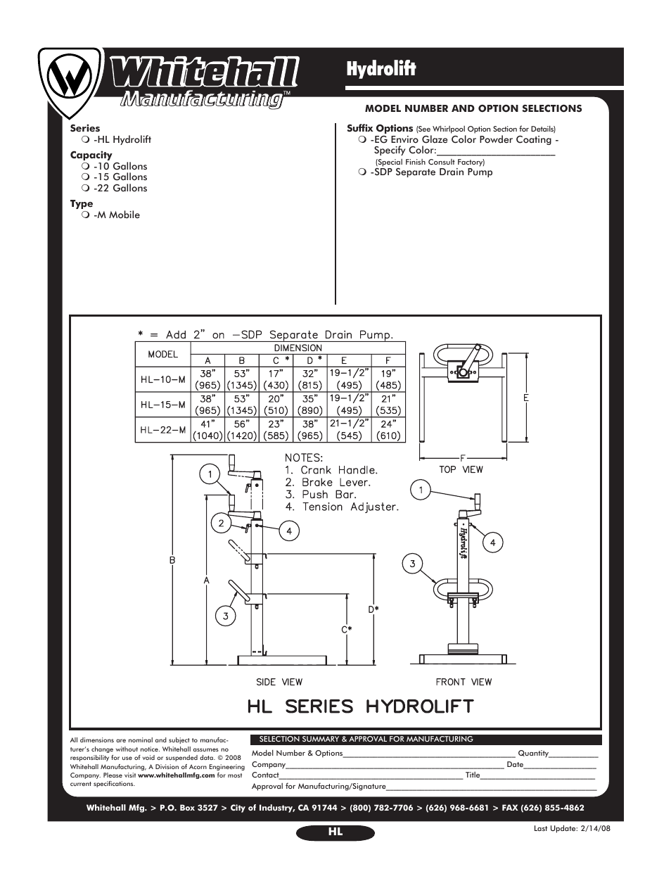 Hydrolift | Whitehall Manufacturing HL-22-M User Manual | Page 2 / 2