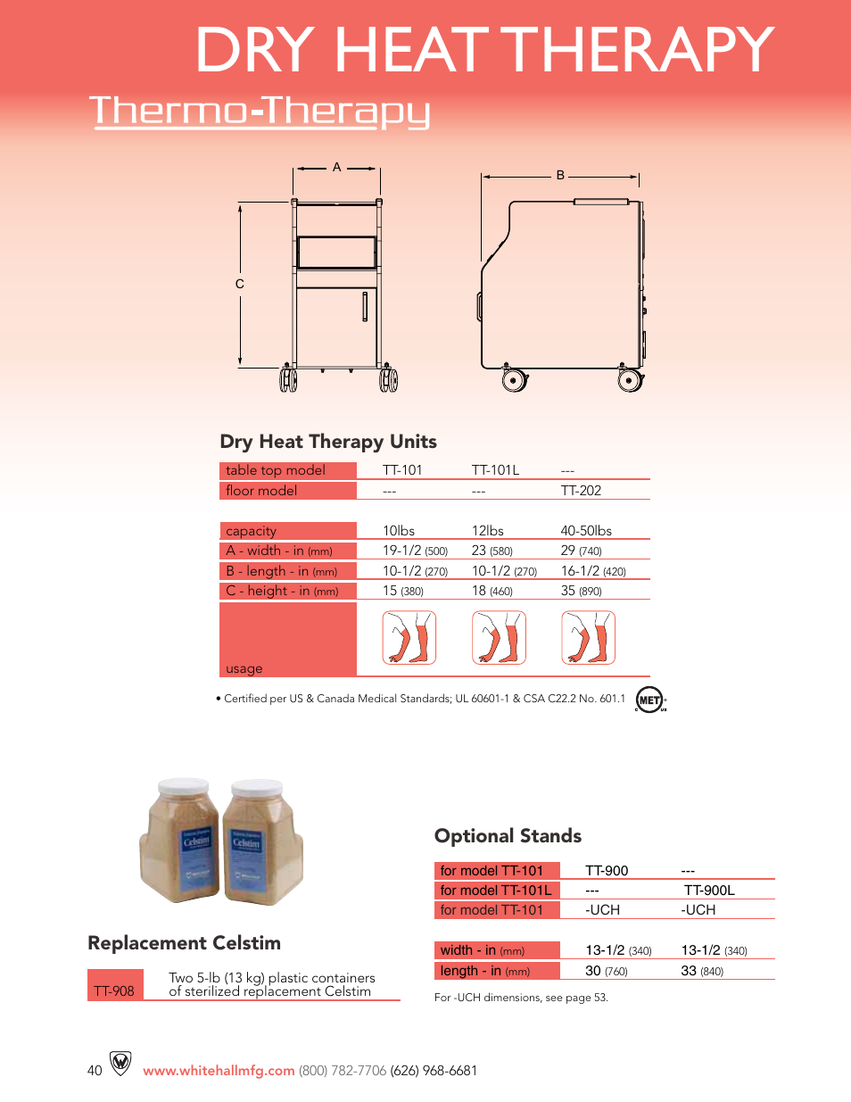 Dry heat therapy, Dry heat therapy units replacement celstim, Optional stands | Whitehall Manufacturing TT-202 User Manual | Page 3 / 3