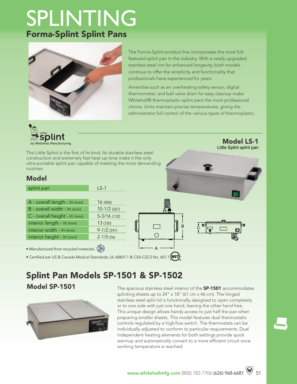 Splinting, Forma-splint splint pans, Model | Whitehall Manufacturing SP-1600-D User Manual | Page 2 / 3