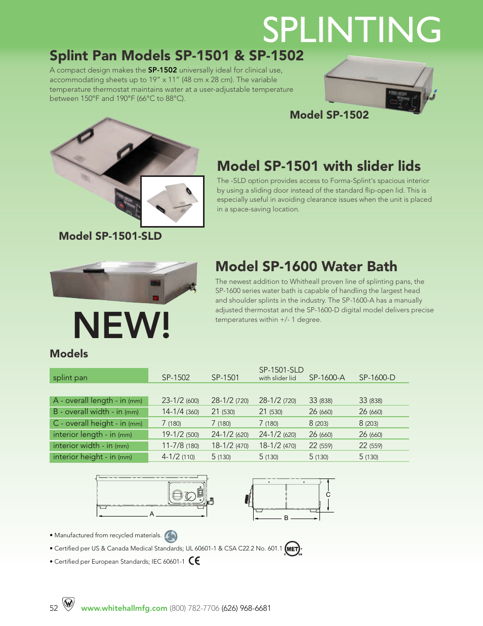 Splinting, Models, Model sp-1501-sld | Model sp-1502 | Whitehall Manufacturing SP-1600-D User Manual | Page 3 / 3