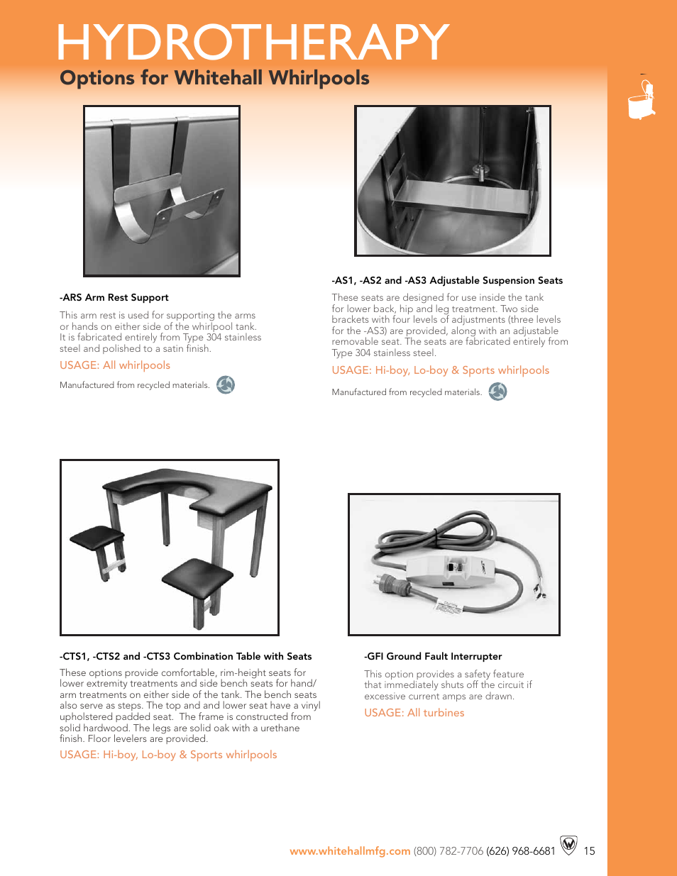 Hydrotherapy, Options for whitehall whirlpools | Whitehall Manufacturing TTS2 User Manual | Page 2 / 4