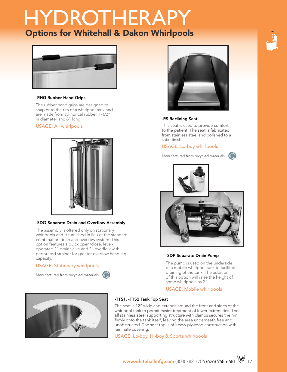 Hydrotherapy, Options for whitehall & dakon whirlpools | Whitehall Manufacturing TTS2 User Manual | Page 4 / 4