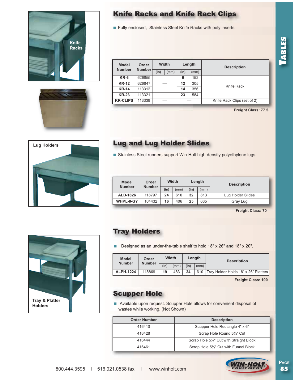 Ables, Scupper hole, Tray holders | Win-Holt SSWMSH Series Table Accessories User Manual | Page 2 / 4