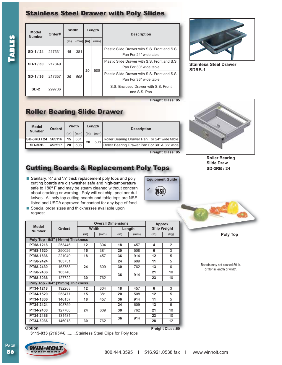 Ables, Stainless steel drawer with poly slides, Roller bearing slide drawer | Cutting boards & replacement poly tops | Win-Holt SSWMSH Series Table Accessories User Manual | Page 3 / 4