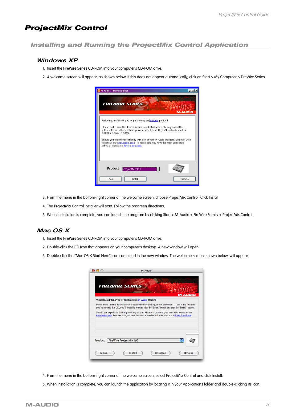 Projectmix control, Windows xp, Mac os x | M-AUDIO ProjectMix I/O User Manual | Page 2 / 7