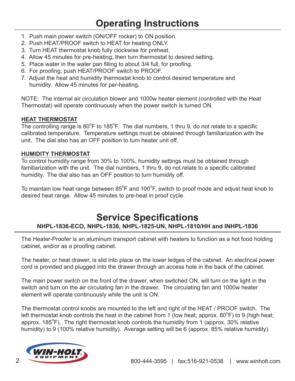 Operating instructions service specifications | Win-Holt NHPL-1836-ECOC User Manual | Page 4 / 10