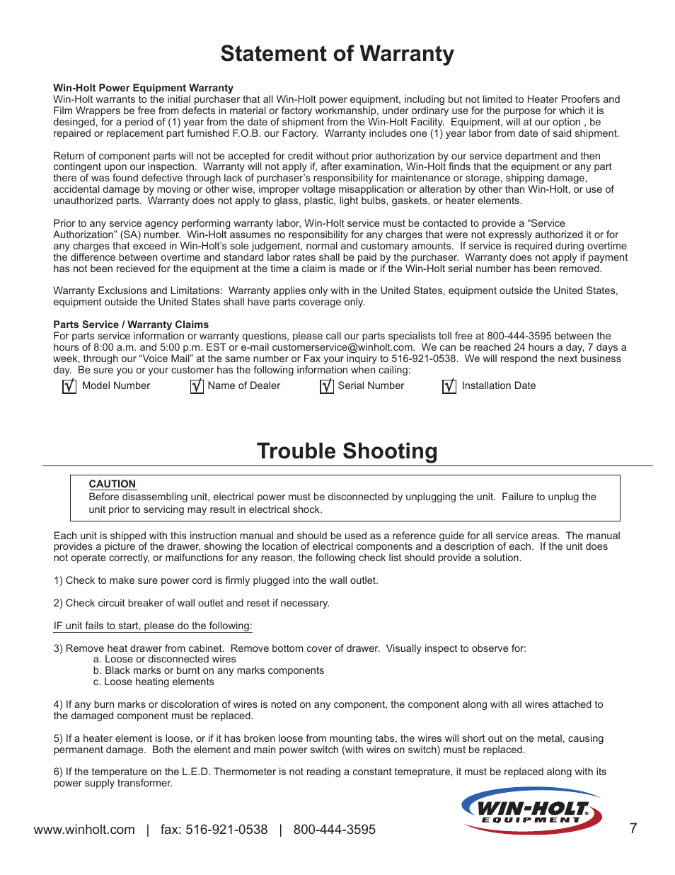 Statement of warranty, Trouble shooting | Win-Holt NHPL-1836-ECOC User Manual | Page 9 / 10