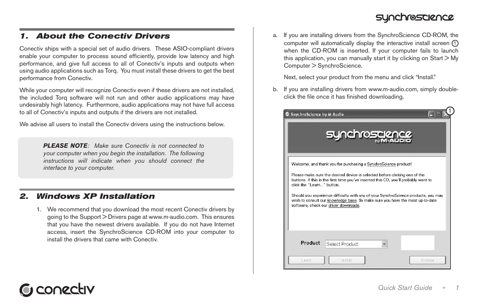 Conectiv quick start guide, About the conectiv drivers, Windows xp installation | M-AUDIO Conectiv User Manual | Page 2 / 6