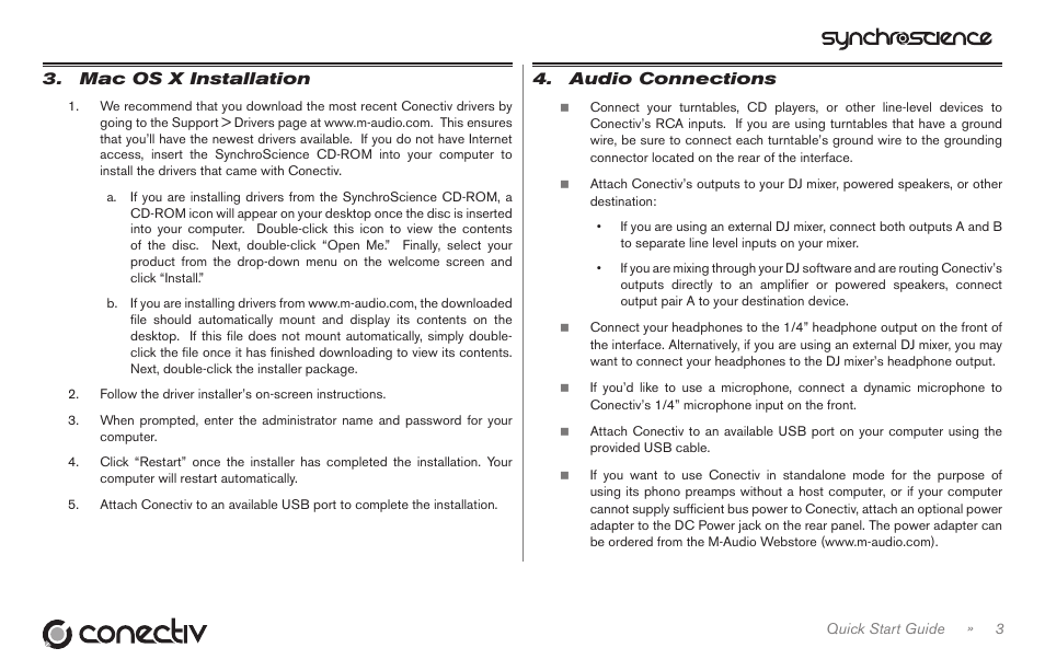Mac os x installation, Audio connections | M-AUDIO Conectiv User Manual | Page 4 / 6