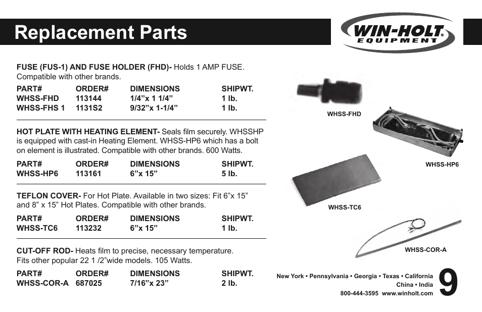 Replacement parts | Win-Holt WHSS-1 User Manual | Page 10 / 14