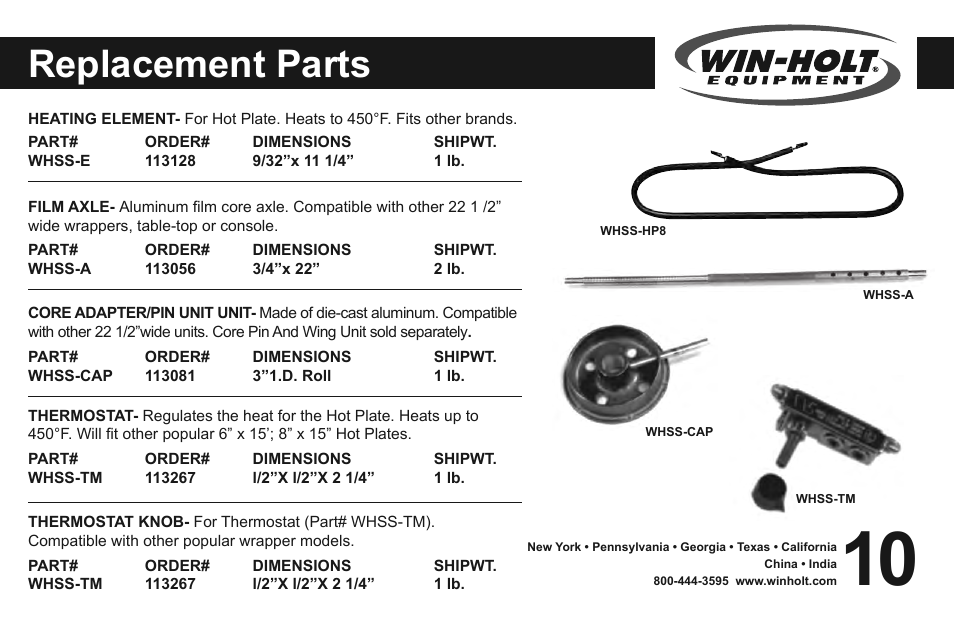 Replacement parts | Win-Holt WHSS-1 User Manual | Page 11 / 14