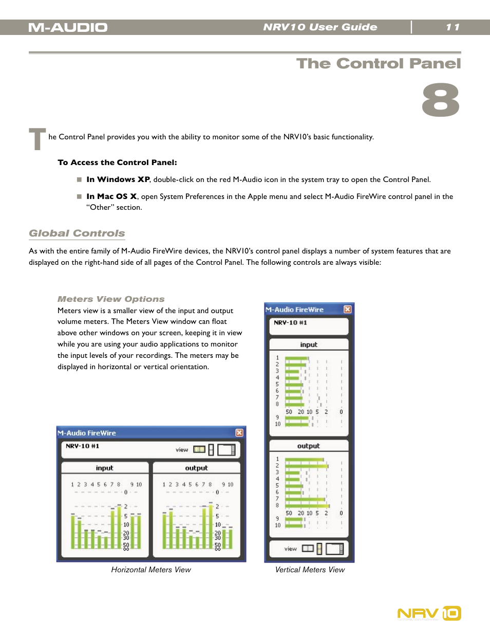 The control panel, Global controls, Meters view options | M-AUDIO NRV10 User Manual | Page 11 / 25