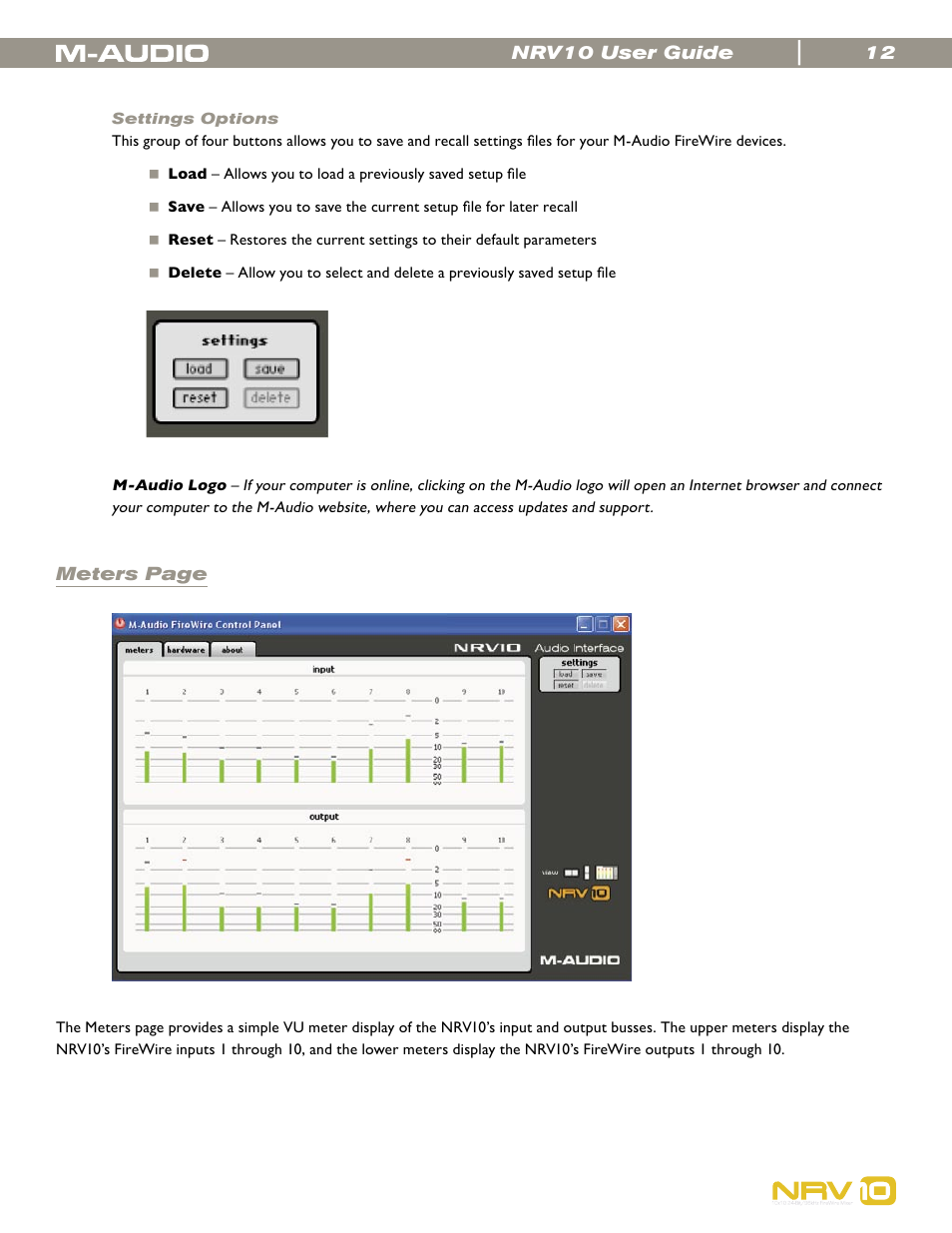 Settings options | M-AUDIO NRV10 User Manual | Page 12 / 25