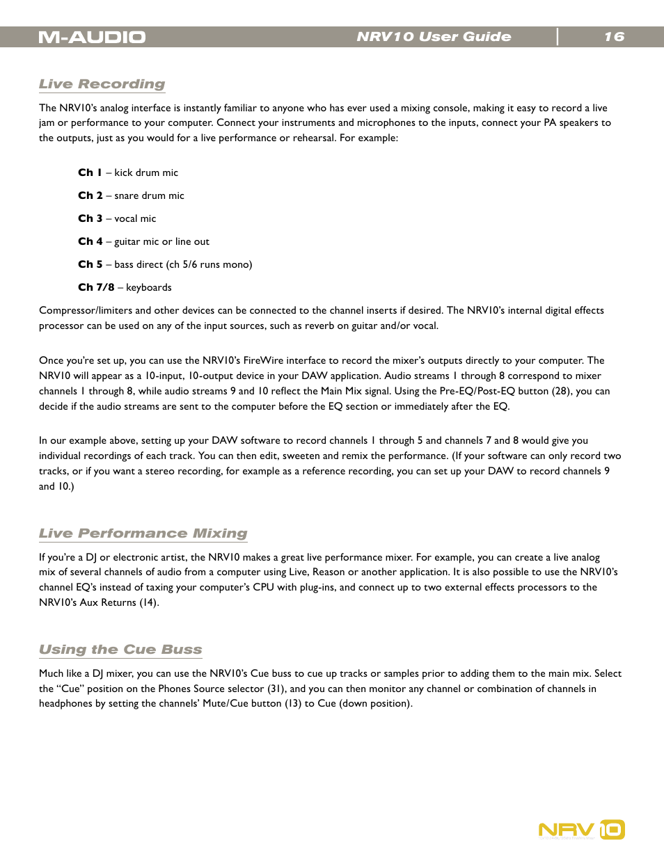 Live recording, Live performance mixing, Using the cue buss | M-AUDIO NRV10 User Manual | Page 16 / 25