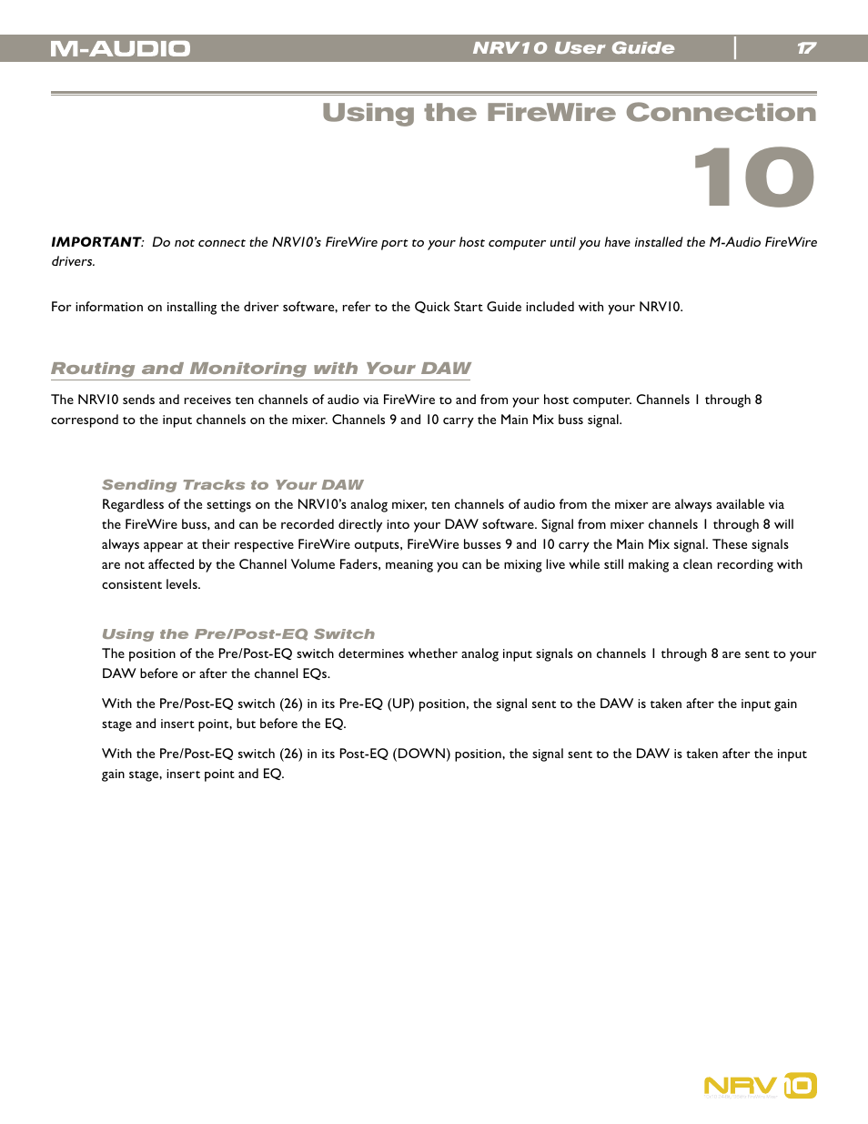 Using the firewire connection, Routing and monitoring with your daw, Sending tracks to your daw | Using the pre/post-eq switch | M-AUDIO NRV10 User Manual | Page 17 / 25
