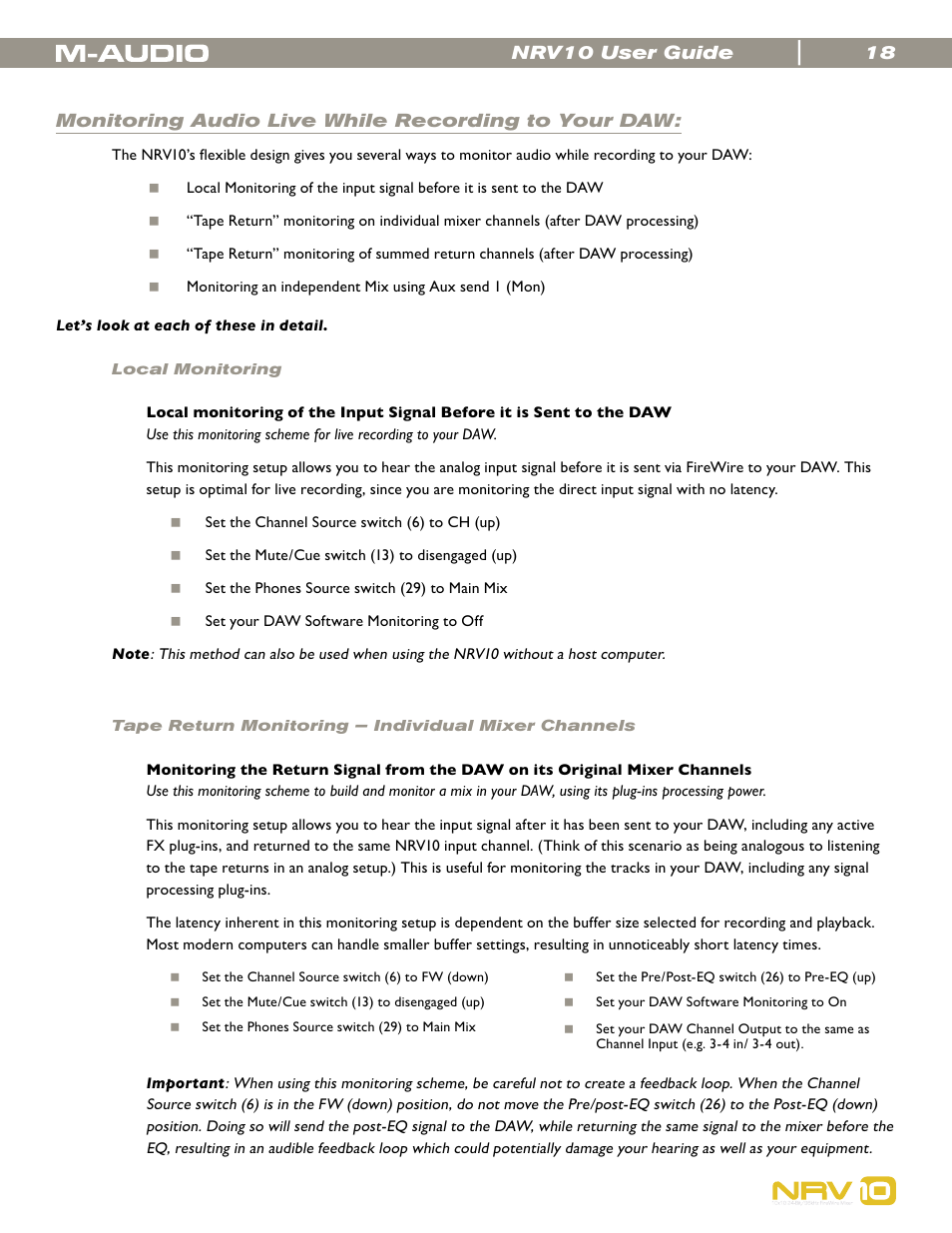 Monitoring audio live while recording to your daw, Local monitoring, Tape return monitoring – individual mixer channels | M-AUDIO NRV10 User Manual | Page 18 / 25