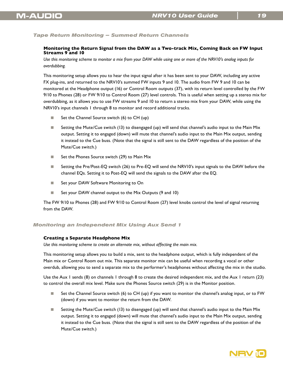 Tape return monitoring – summed return channels, Monitoring an independent mix using aux send 1 | M-AUDIO NRV10 User Manual | Page 19 / 25