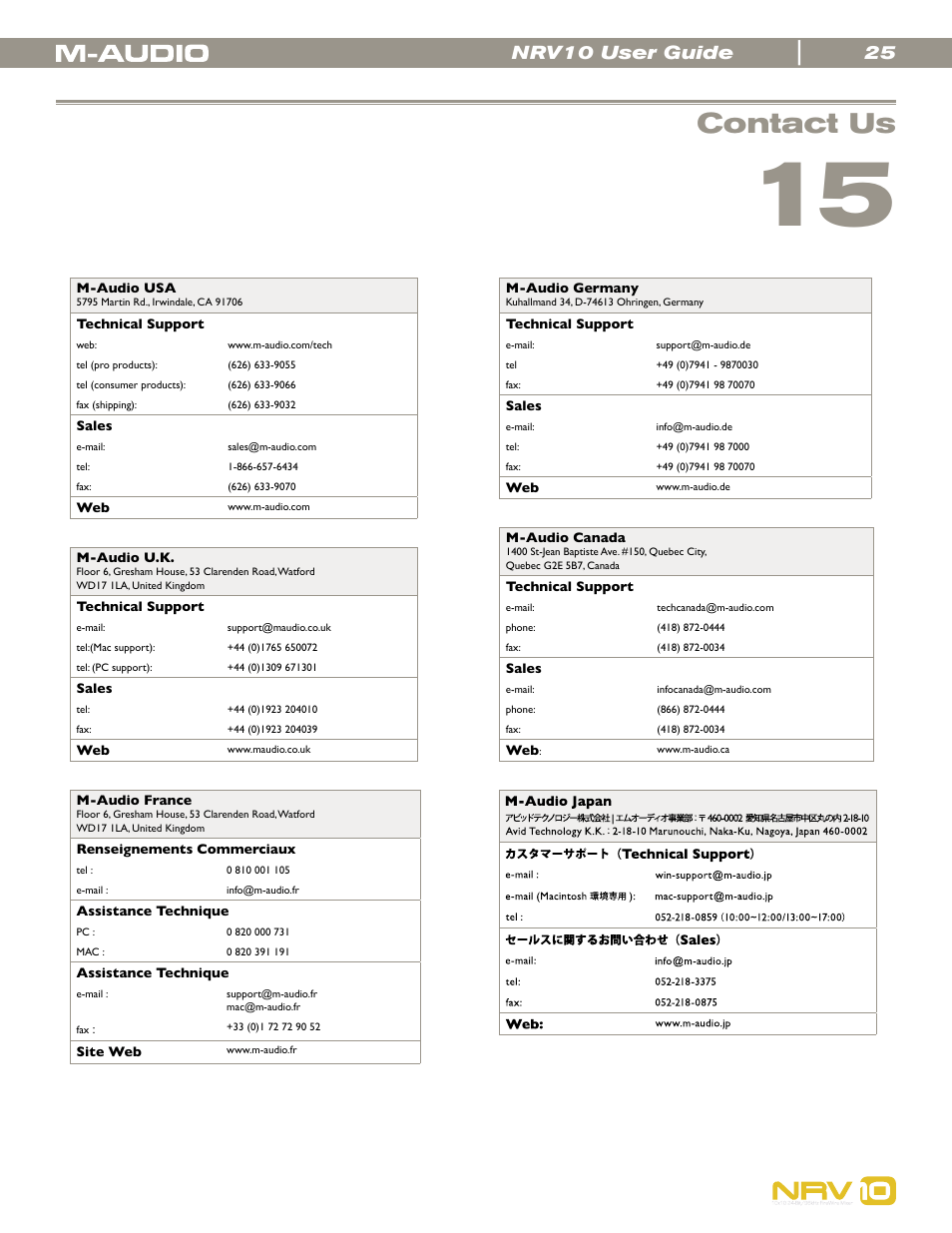 Contact us, Nrv10 user guide | M-AUDIO NRV10 User Manual | Page 25 / 25